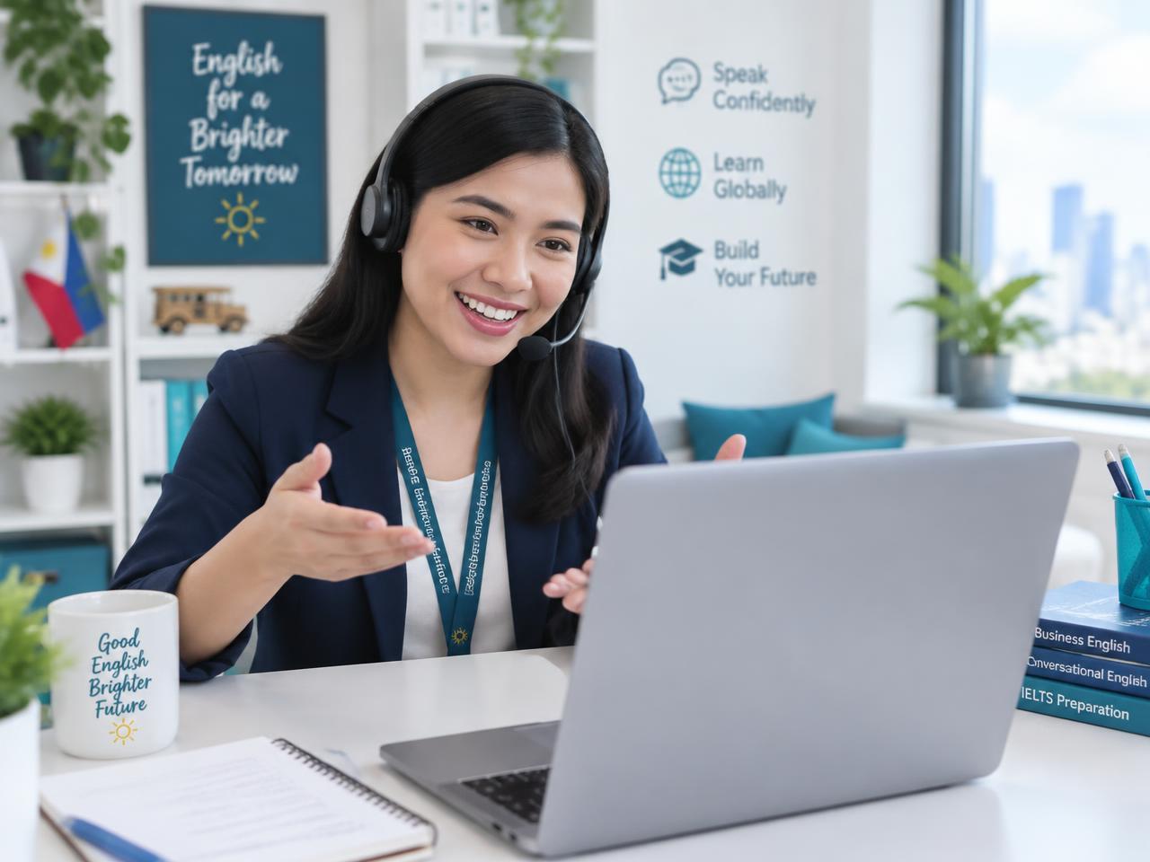 Teacher delivering an online English lesson